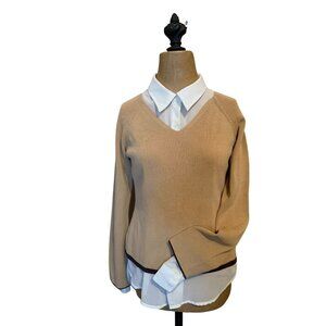 Ann Taylor Loft Women‎ Tan Sweater Brown Trim V-Neck M -VTG Accademia Office Y2K
